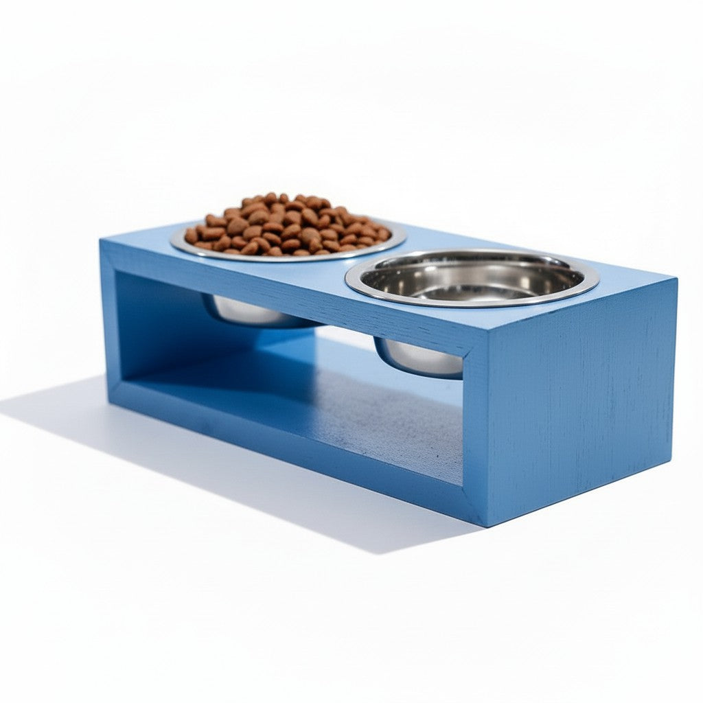 Comedouro Duplo de Madeira com Tigelas Inox para Gatos e Cães