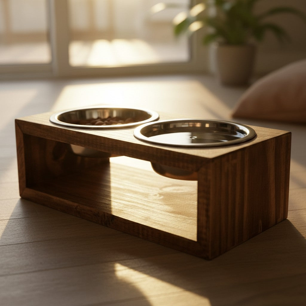 Comedouro Duplo de Madeira com Tigelas Inox para Gatos e Cães