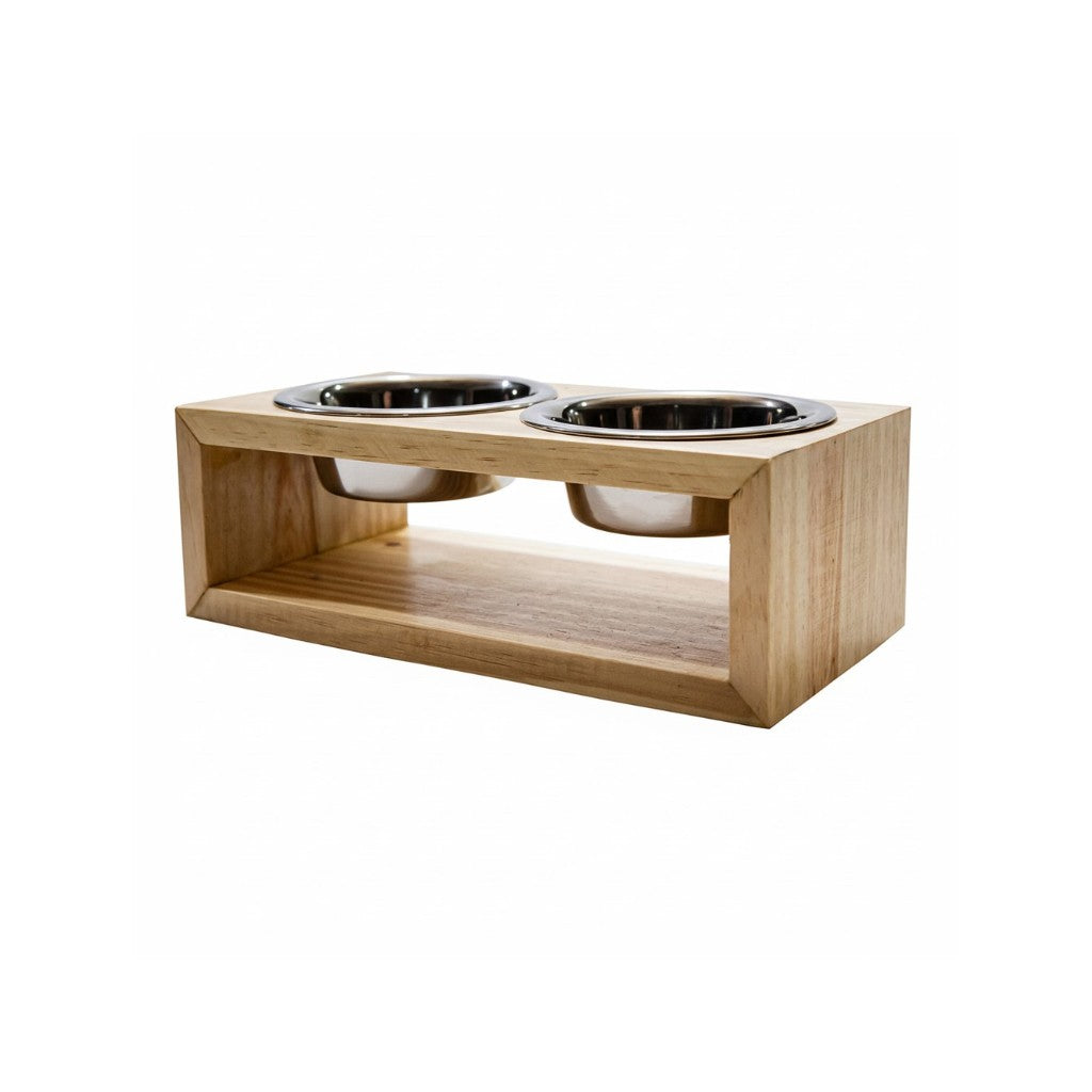Comedouro Duplo de Madeira com Tigelas Inox para Gatos e Cães