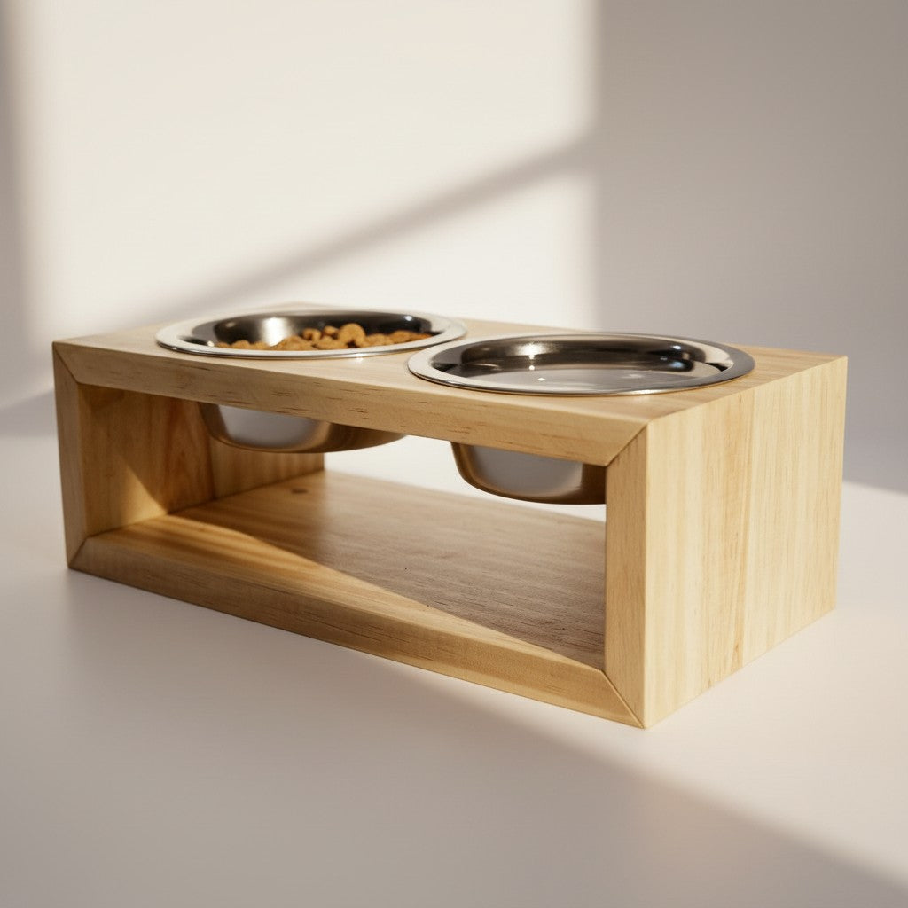 Comedouro Duplo de Madeira com Tigelas Inox para Gatos e Cães