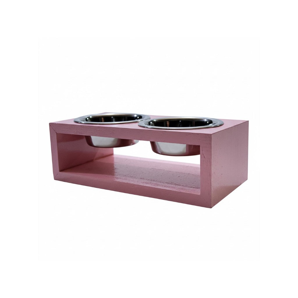 Comedouro Duplo de Madeira com Tigelas Inox para Gatos e Cães