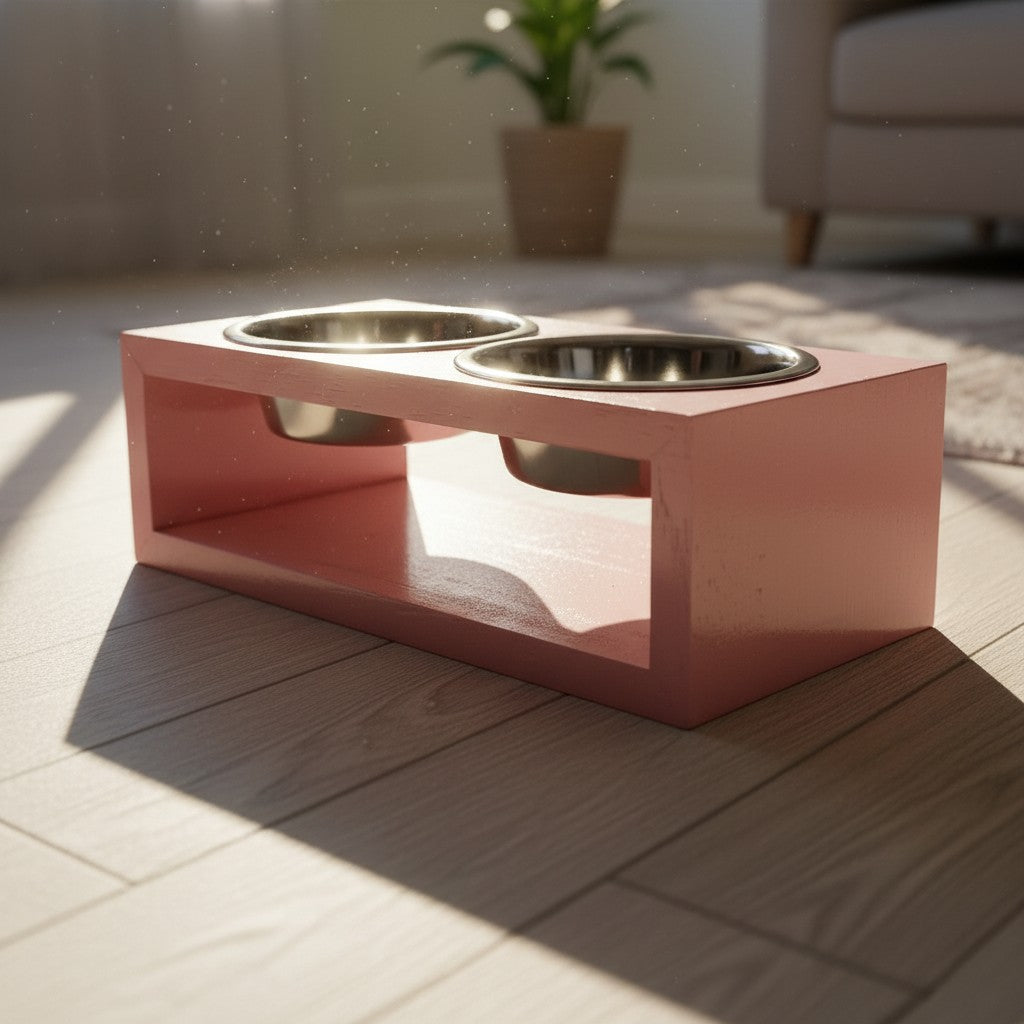 Comedouro Duplo de Madeira com Tigelas Inox para Gatos e Cães