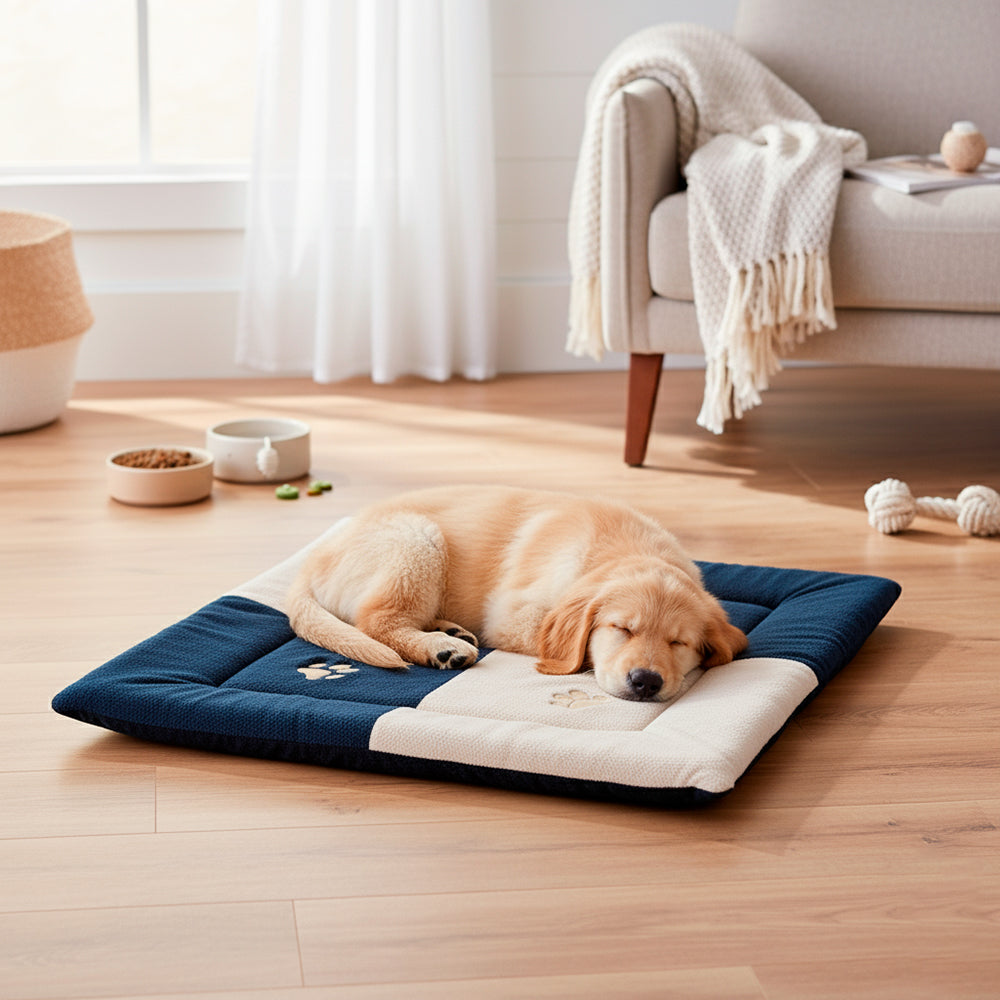 Tapete Caminha Pet Soft Acolchoado com Patinhas - Azul e Bege (Médio)